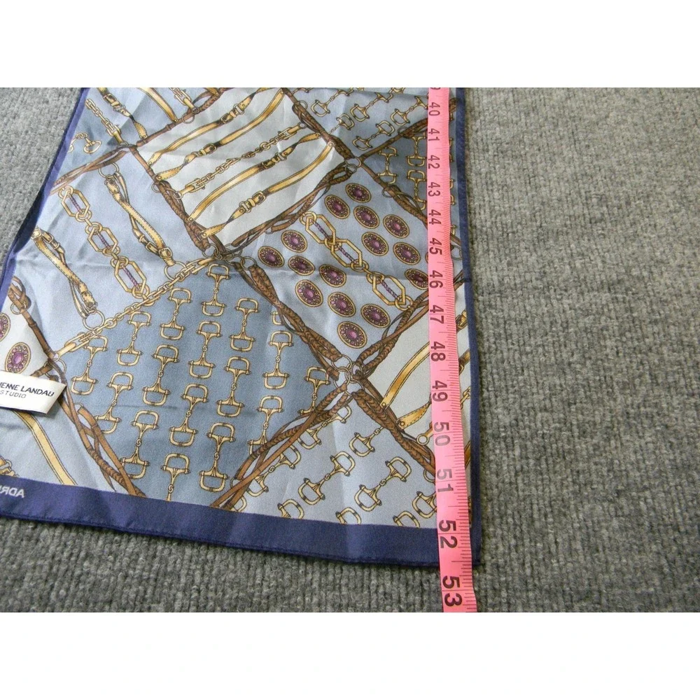 Adrienne Landau Studio 100% Silk Equestrian Scarf Blue Gold Horse Bit 11x52